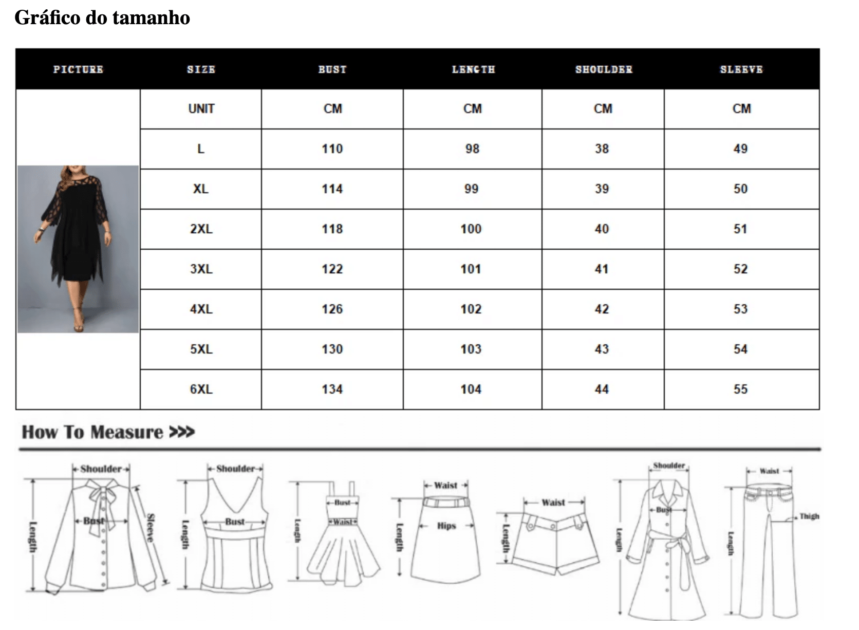 Tabela de medidas de roupas da China