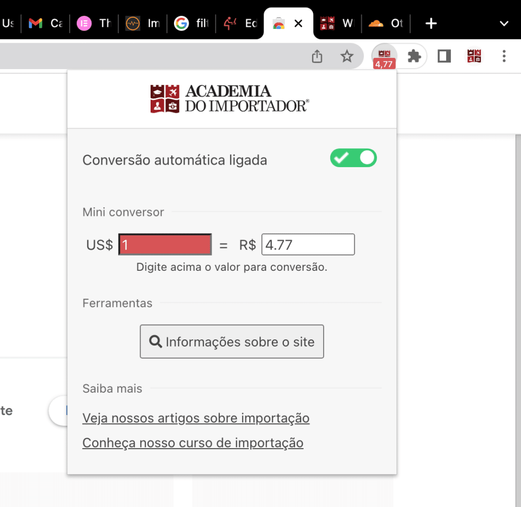 Só colocar na extensão para converter 100 Dólares em reais